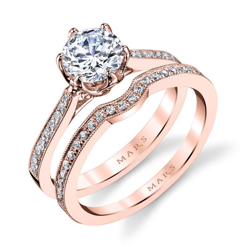 Solitaire Ring Setting with Petal Prongs, Diamond Band and Hidden Halo
