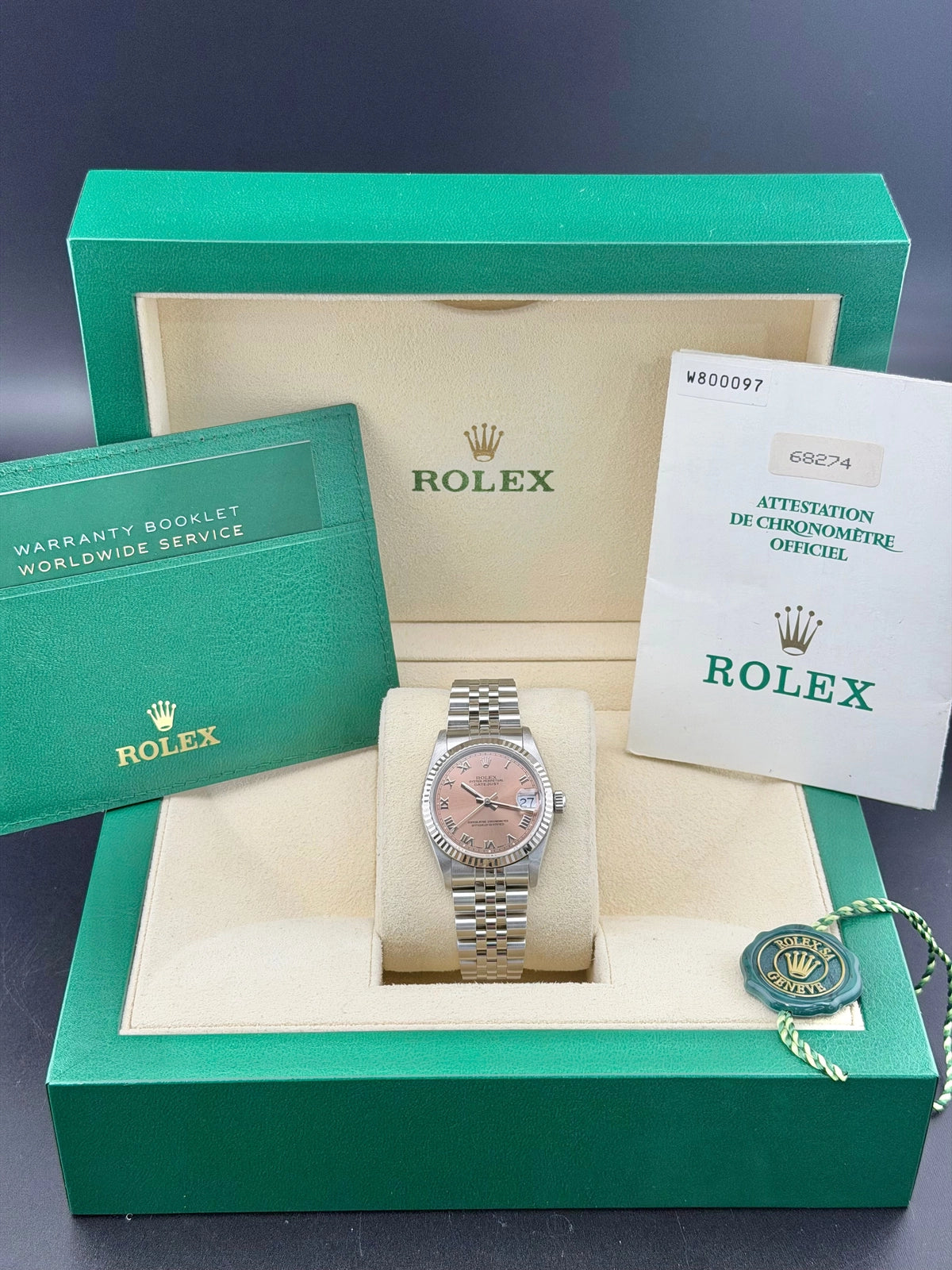 Rolex Date-Just 31 Pink Roman Dial on Jubilee 68274 Complete 1996