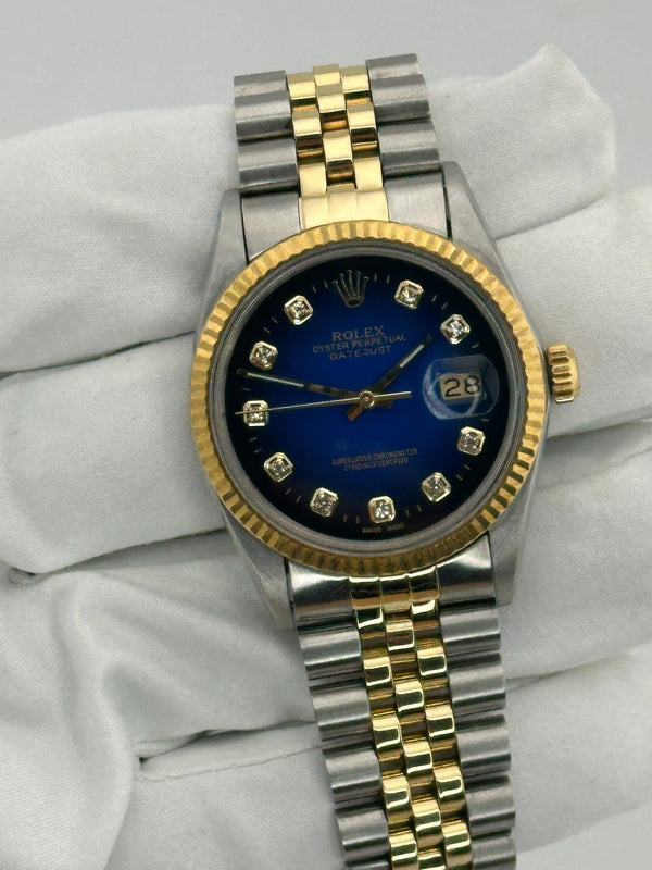 Rolex Datejust 36, with Custom Blue Vignette Diamond Dial, 16013, 1987 Papers