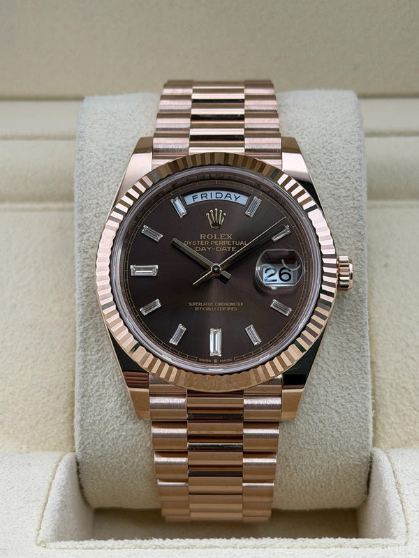 Rolex DayDate Presidential, 18K Rose Gold, 40mm, 228235, Chocolate Diamond Dial, 2025 Box and Papers