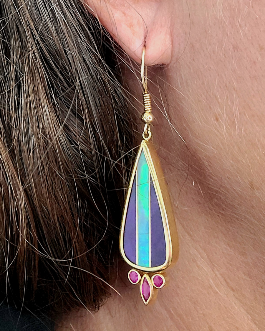 Estate 14 Karat Yellow Gold Opal and Lapis Doublet Earrings with Ruby Accents