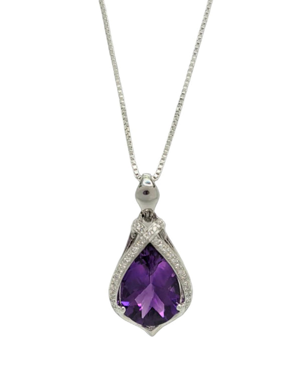 14k White Gold Amethyst and Diamond Pendant