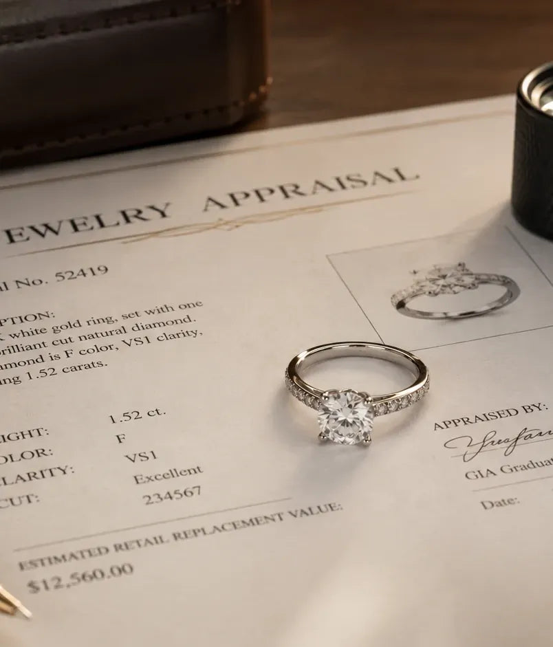 Diamond ring on a jewelry appraisal certificate