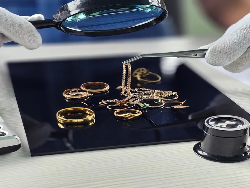 Specialist examining gold jewelry with a magnifier
