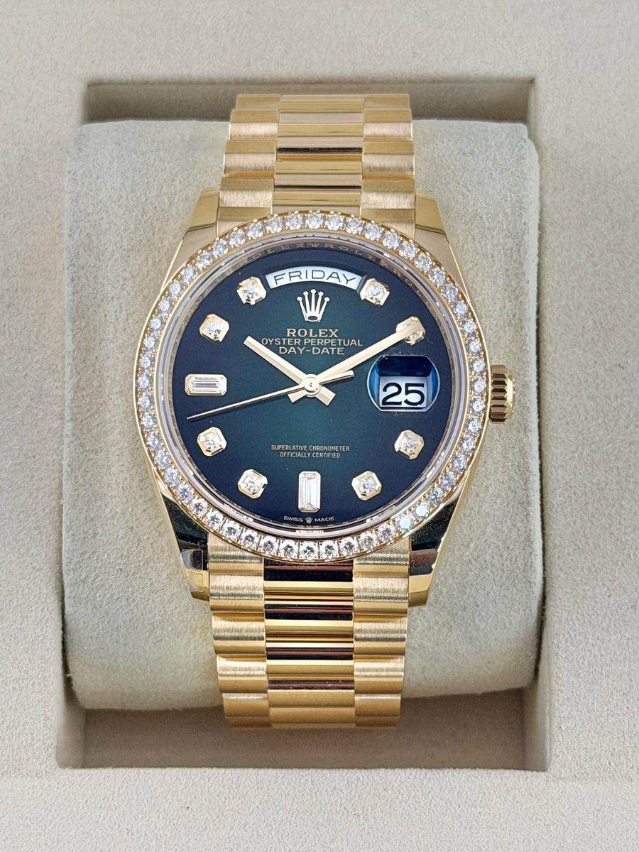Rolex Day-Date 36 Green Ombre¬¥ Diamond Dial on President 128348 Complete 2026