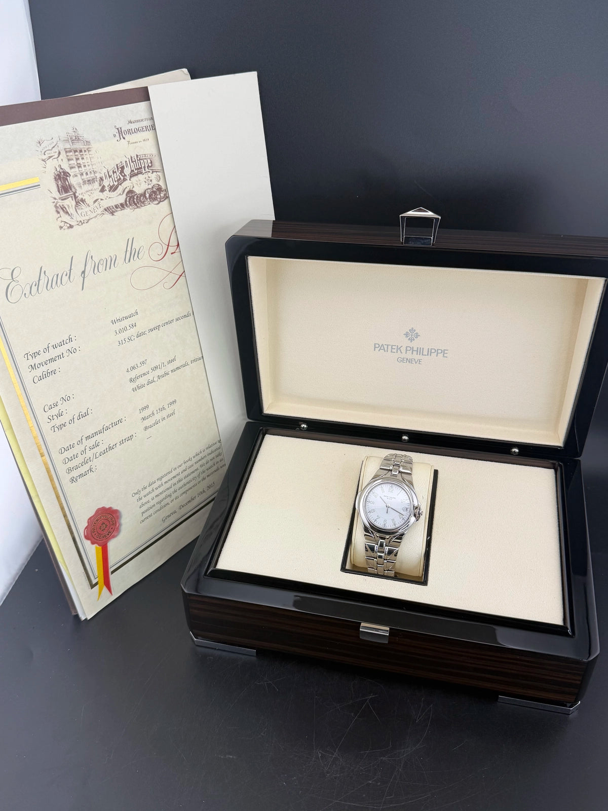 Patek Philippe Sculpture White Dial on Bracelet 5091/1A Archives and Box 1999