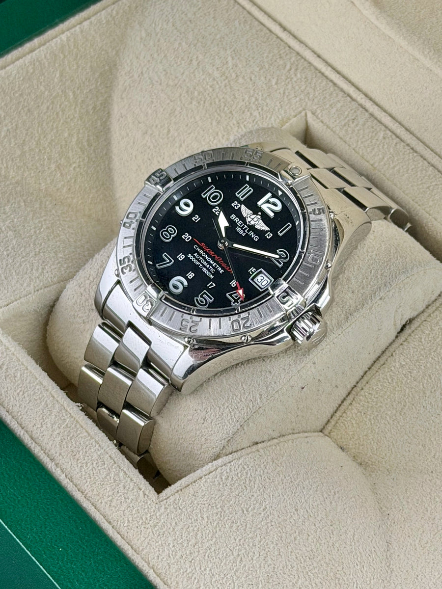 Breitling Superocean Black Dial on Bracelet A17360 Complete Open Date