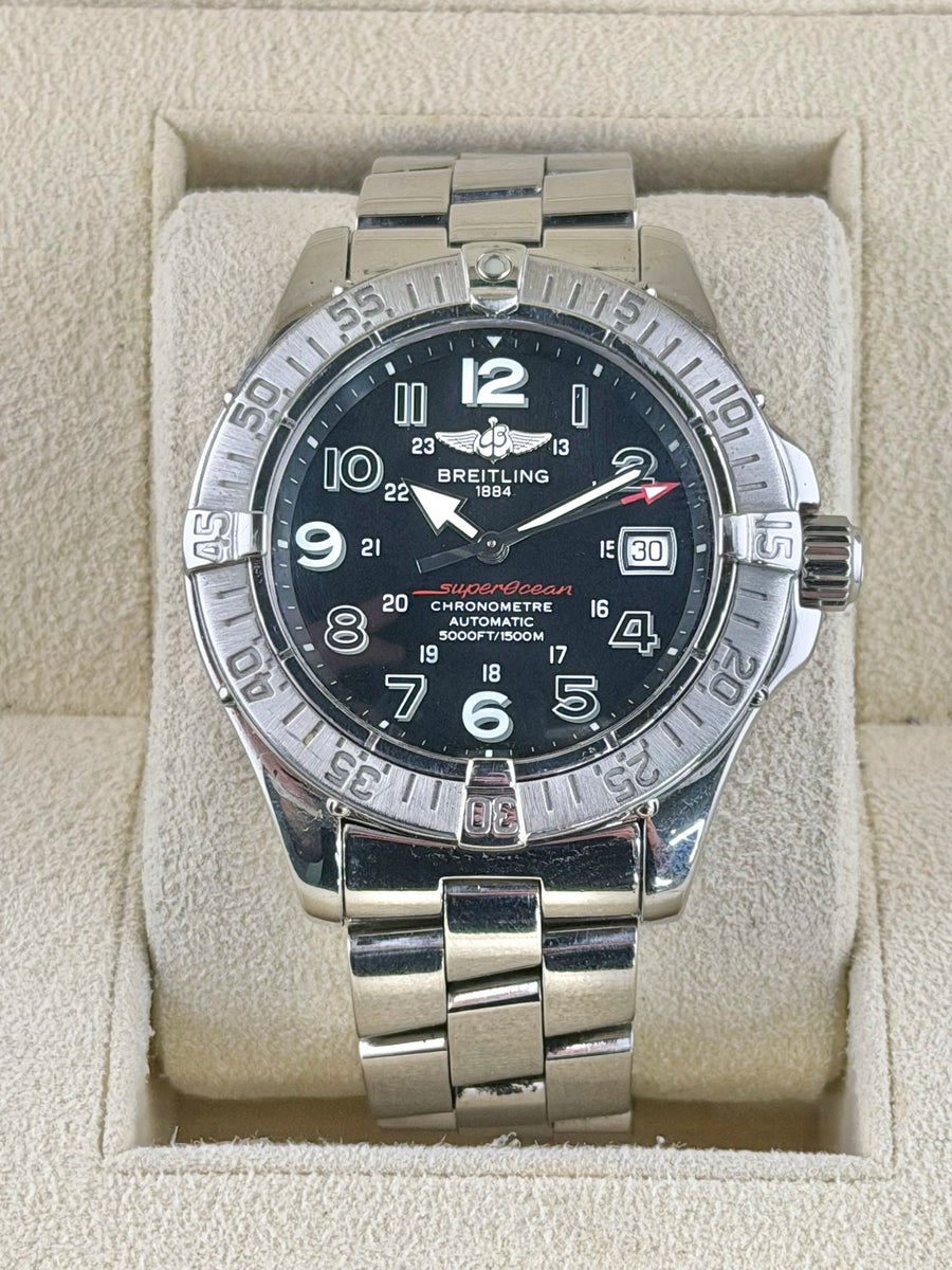 Breitling Superocean Black Dial on Bracelet A17360 Complete Open Date